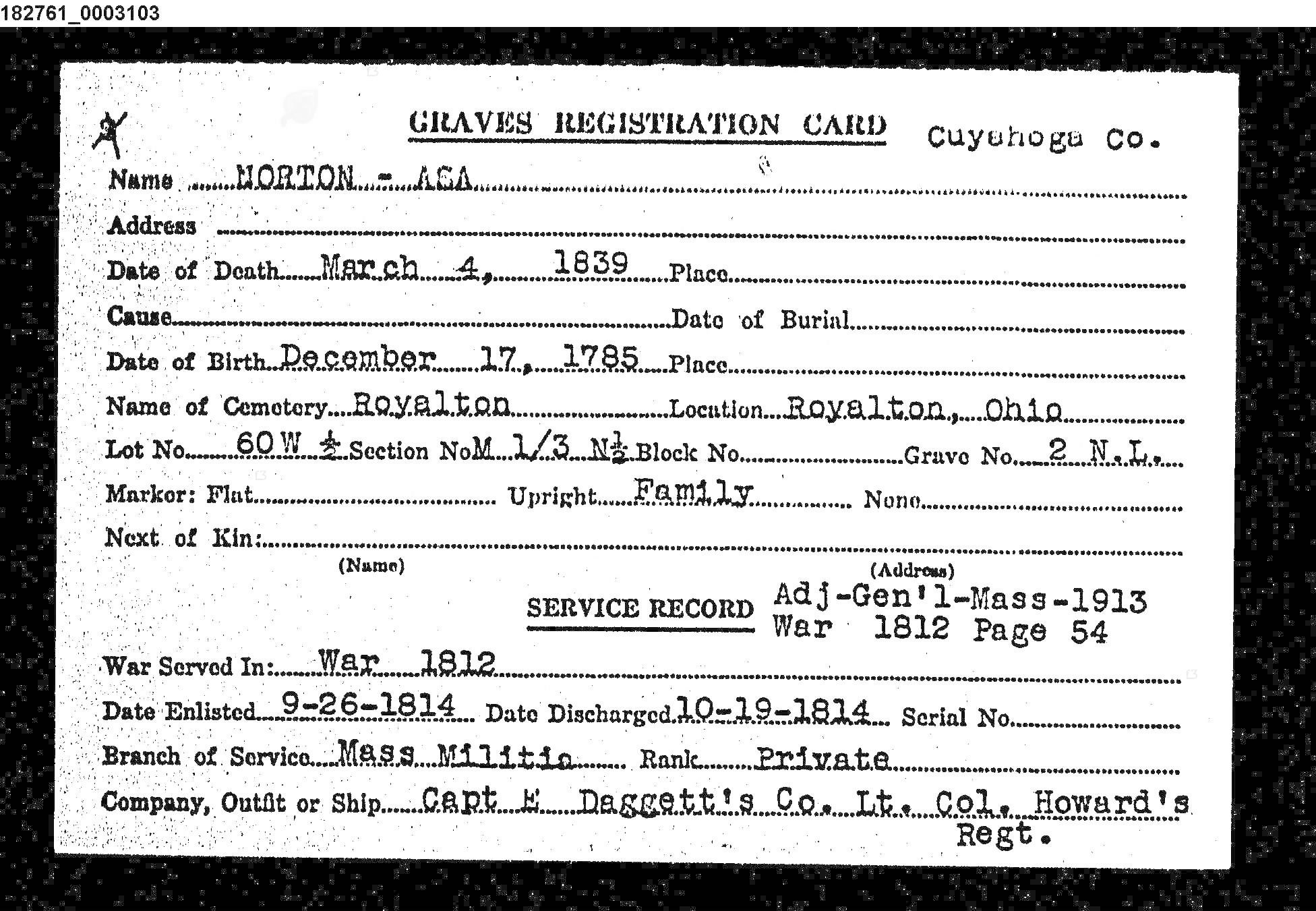 Graves Registration Card for Asa Norton