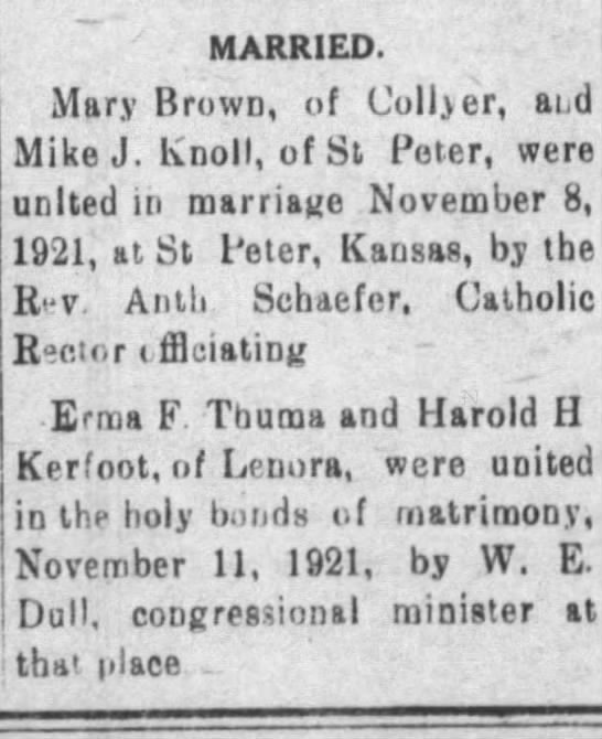 Marriage announcement for Mary Brown to Mike J. Knoll