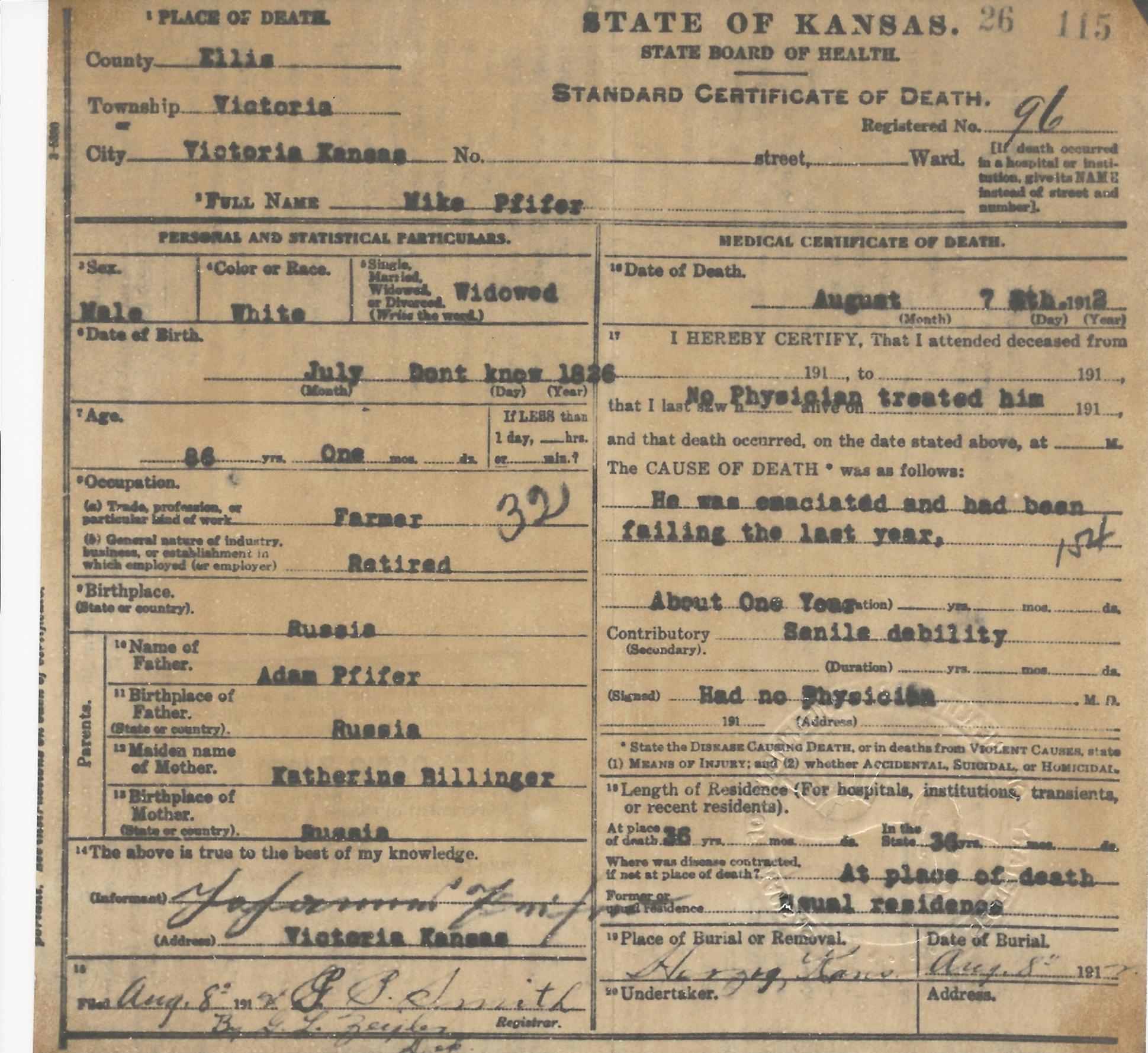 Death certificate of Mike Pfifer