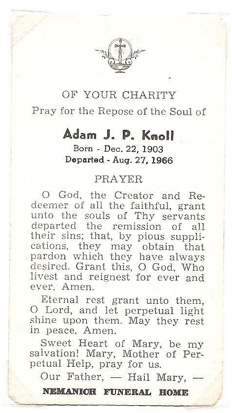 Prayer card for Adam J. P. Knoll