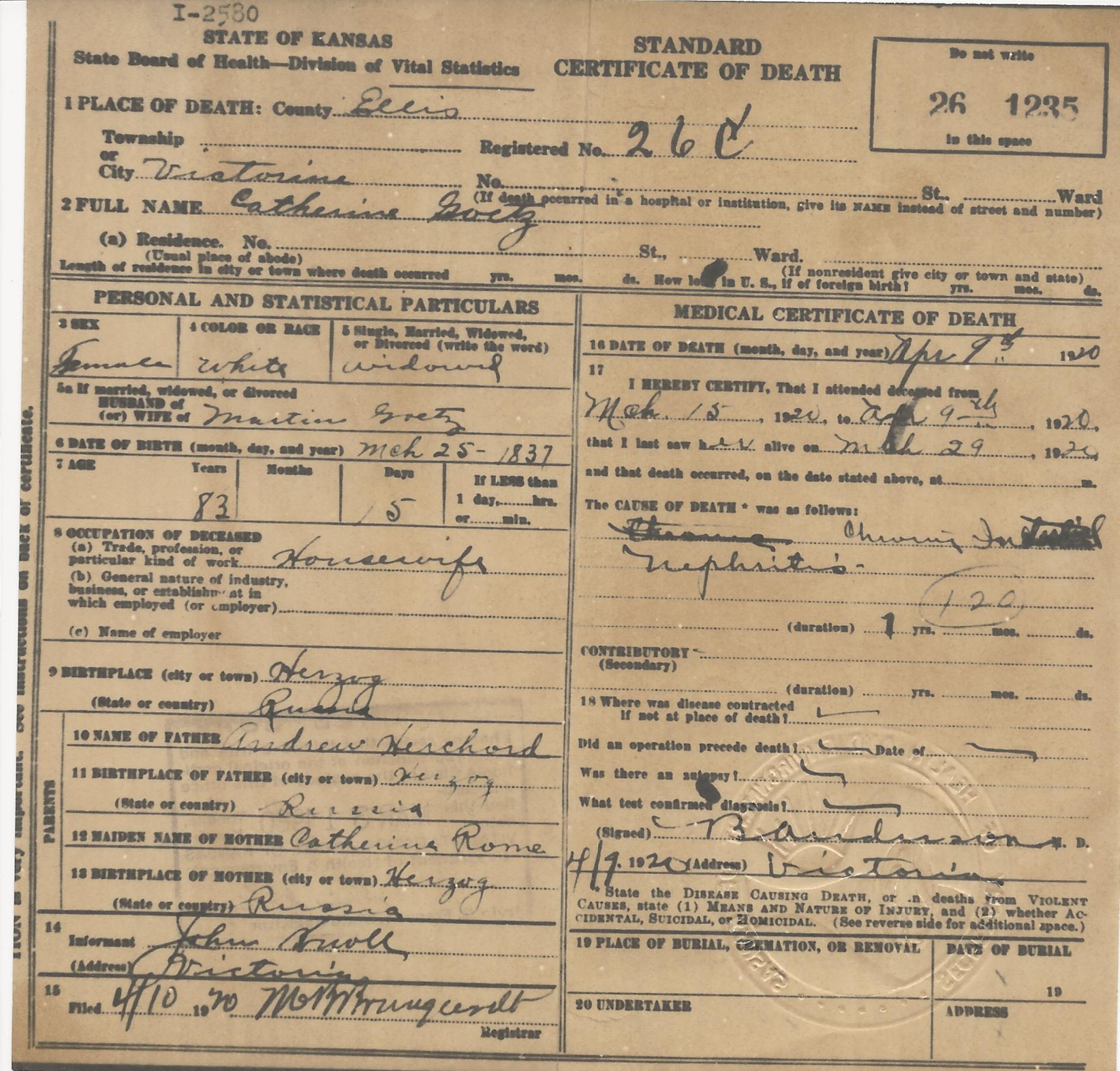 Death certificate of Anna Katherina Goetz