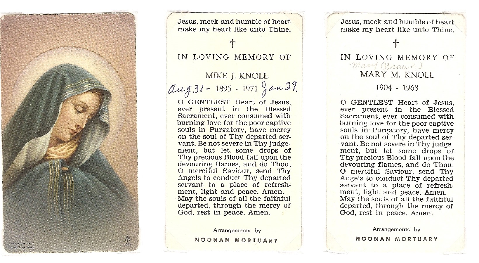 Prayer cards for Mike J. Knoll and Mary M. Knoll