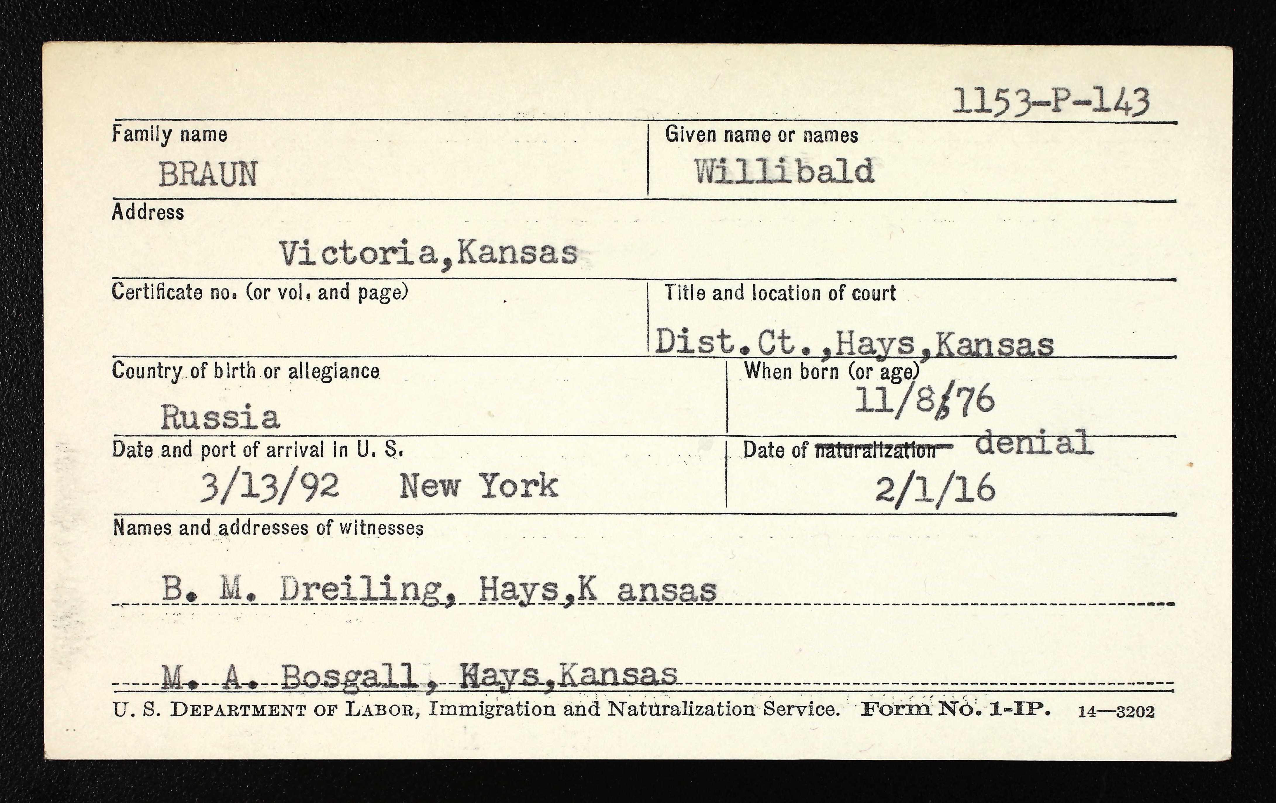 Index card for Willibald Braun