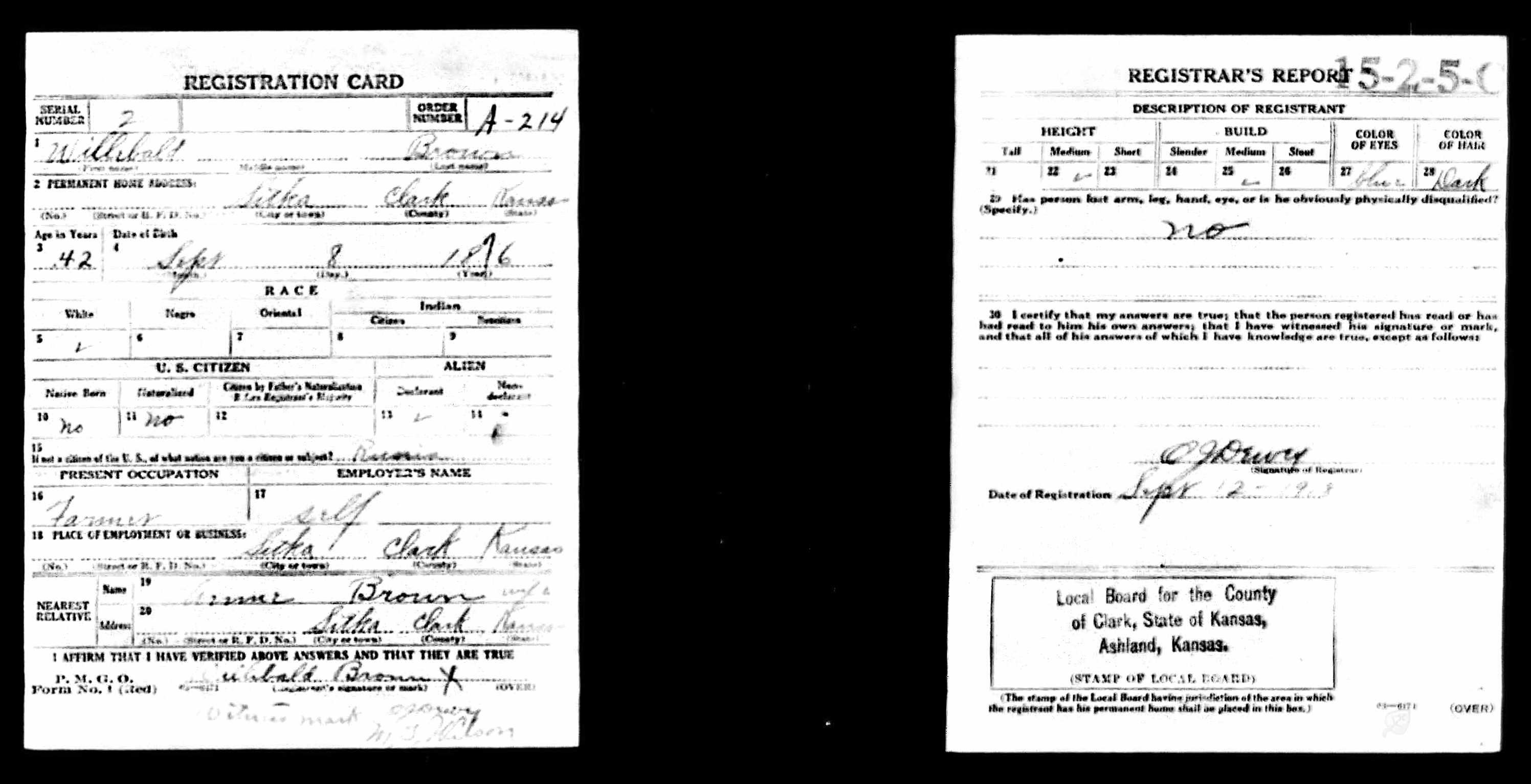 Draft registration card for Willibald Brown
