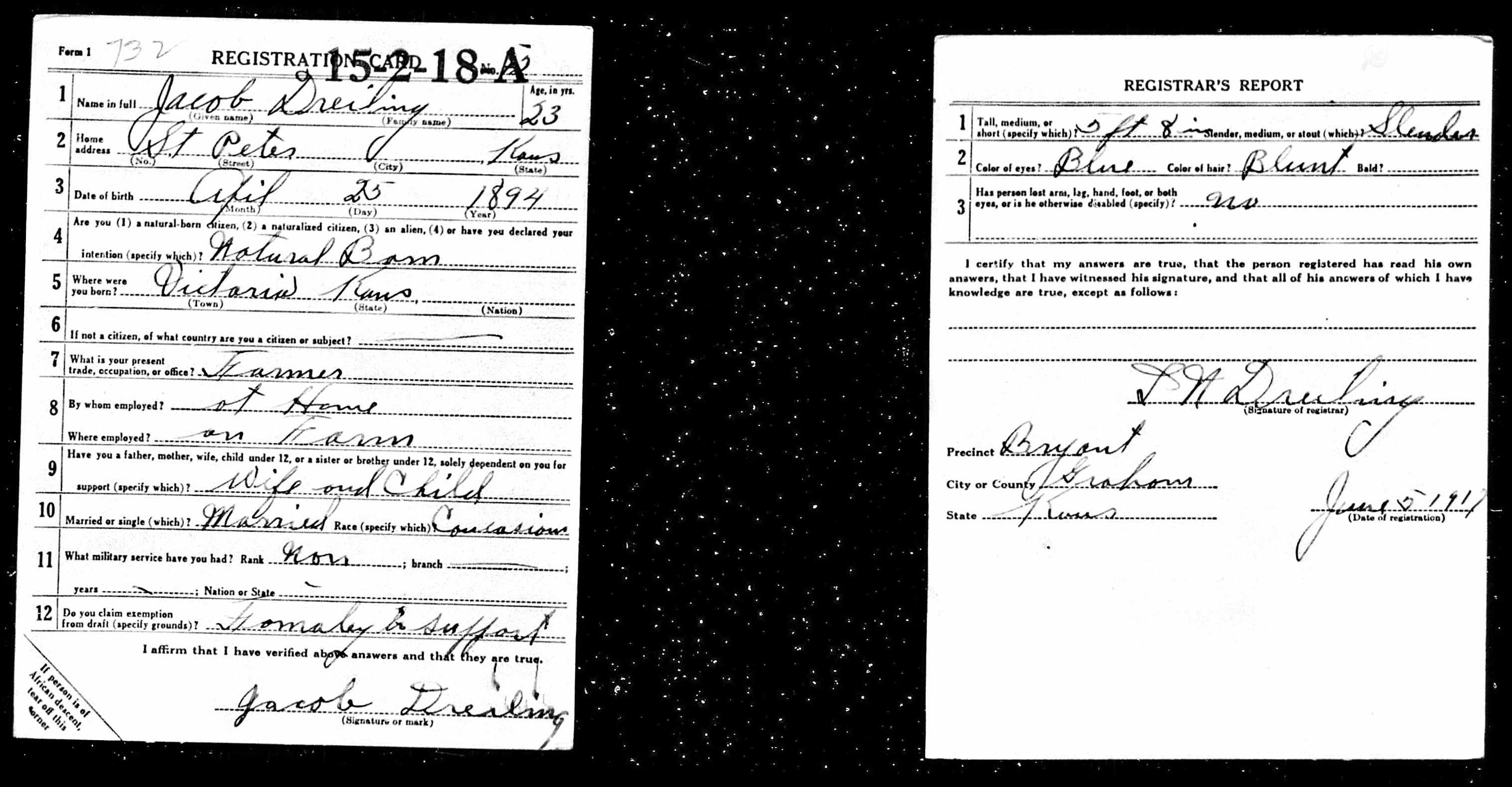 Draft registration card for Jacob Dreiling