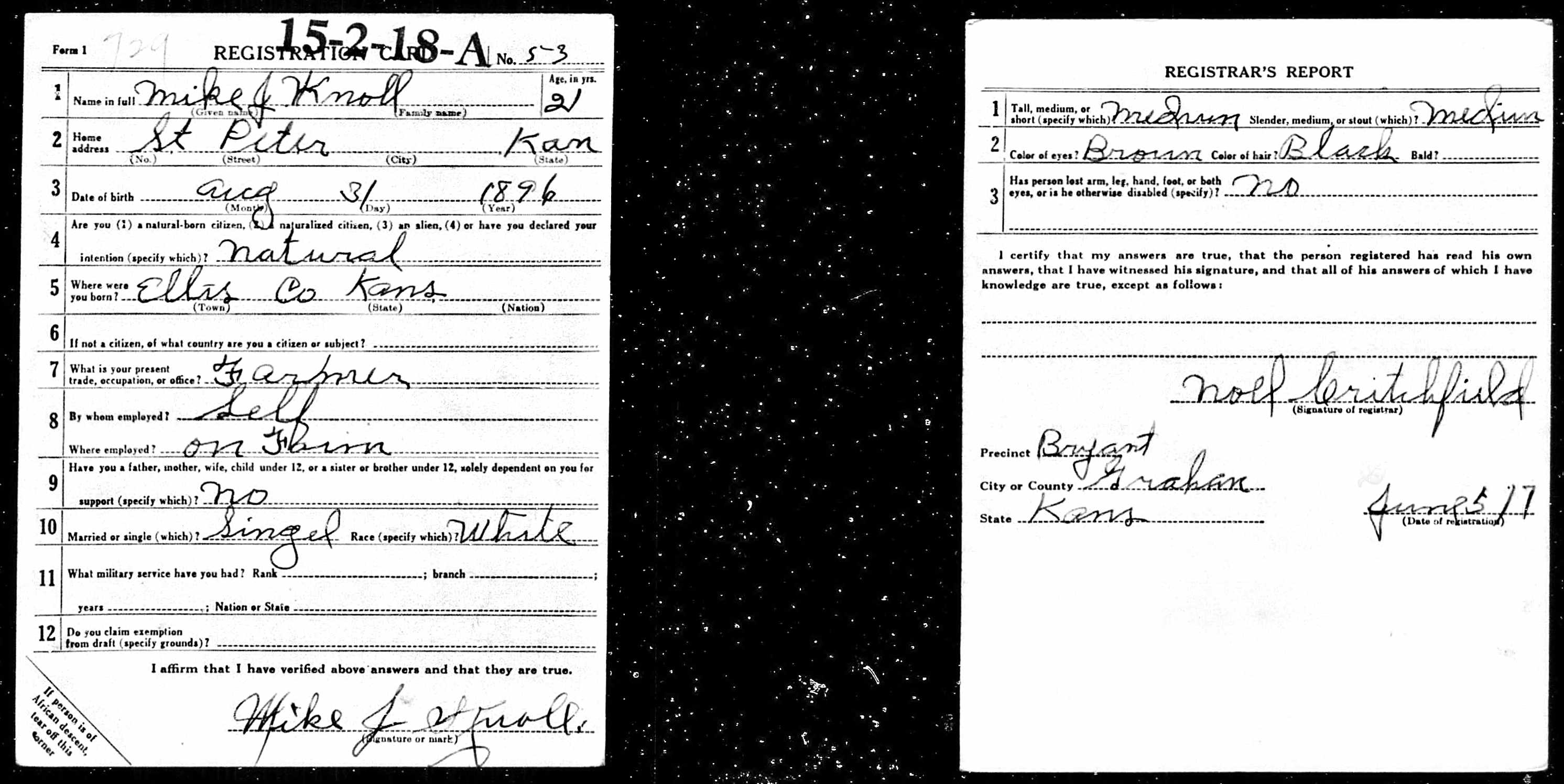 Draft registration card for Mike J. Knoll