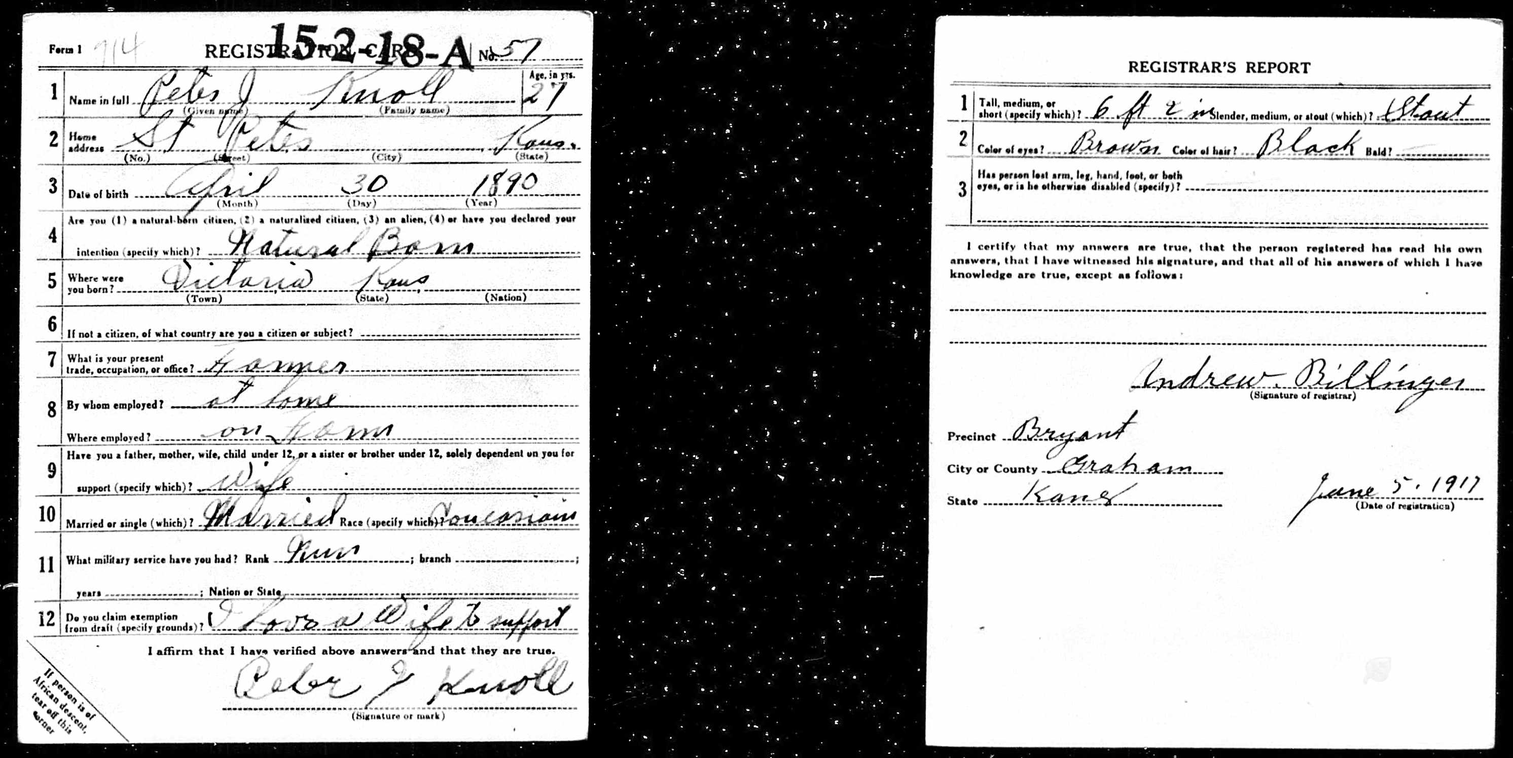 Draft registration card for Peter J. Knoll