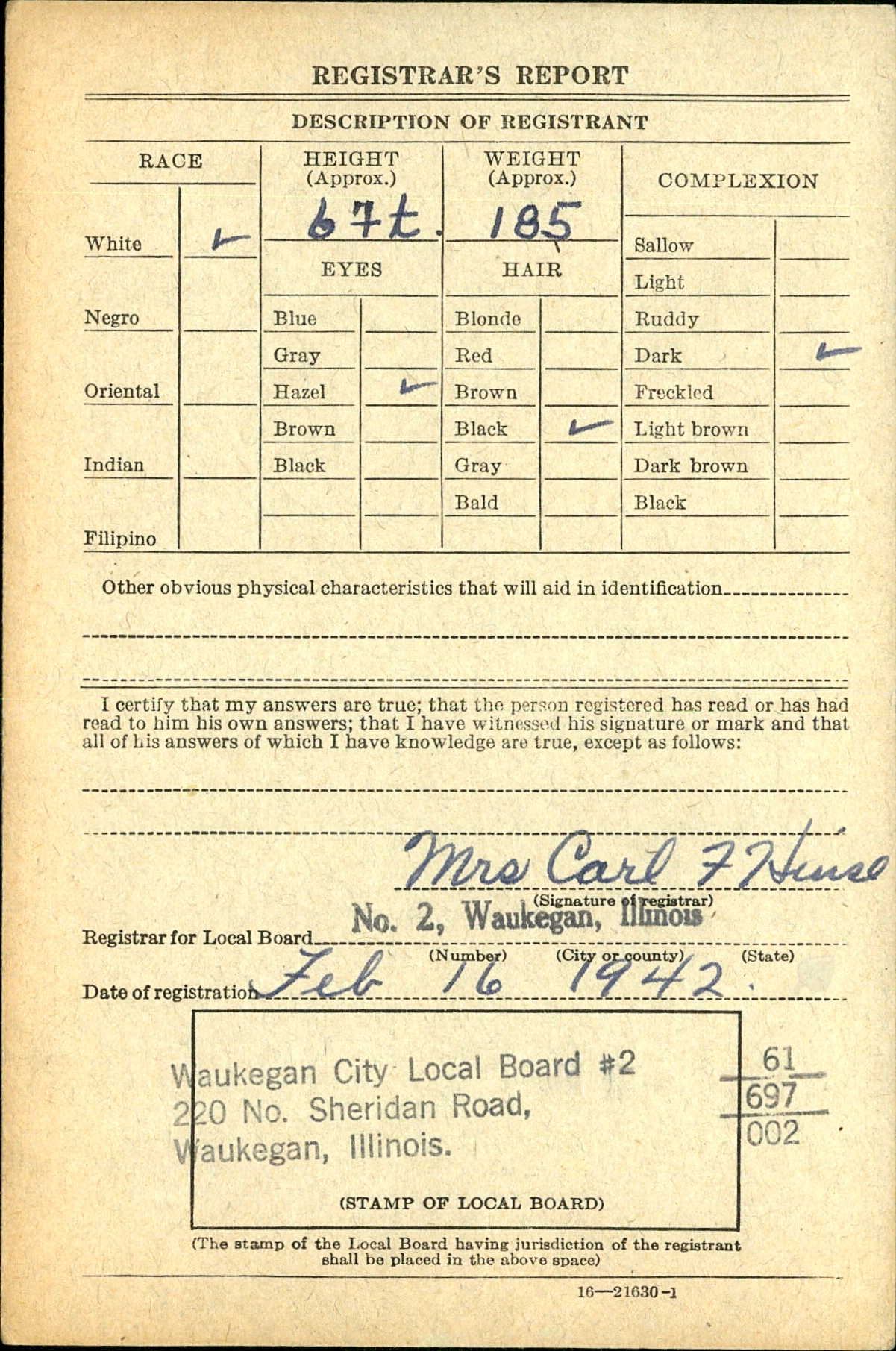 Draft registration card for Adam John Peter Knoll, continued