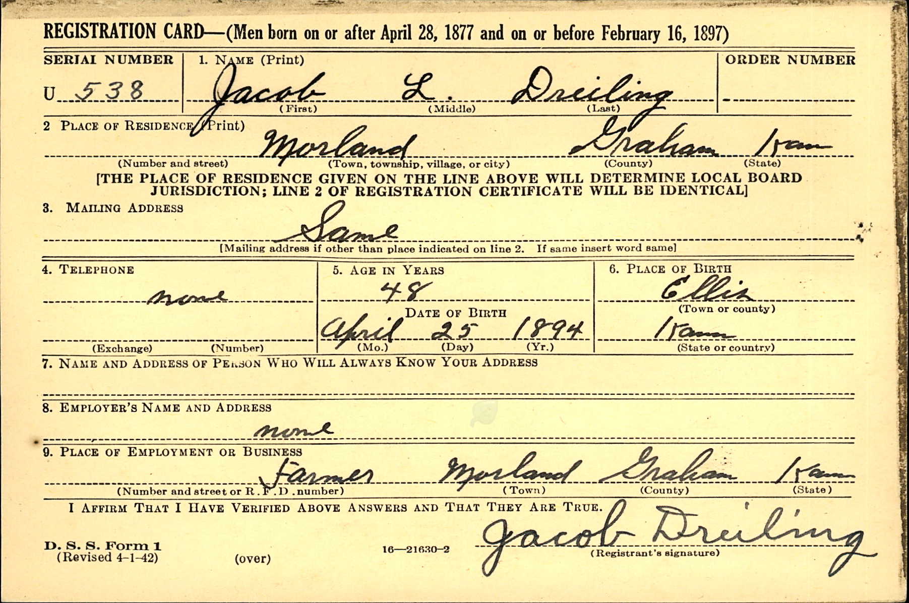 Draft registration card for Jacob L. Dreiling