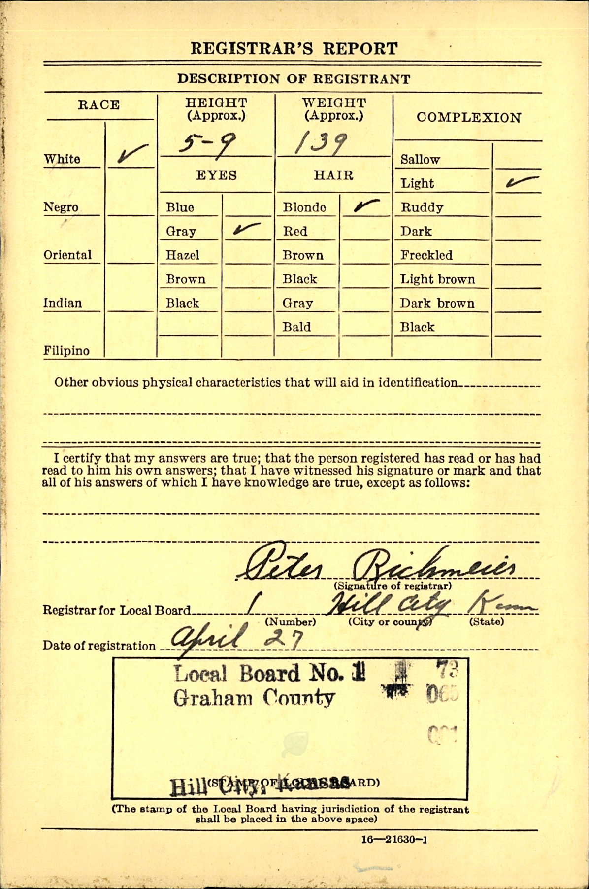 Draft registration card for Jacob L. Dreiling, continued