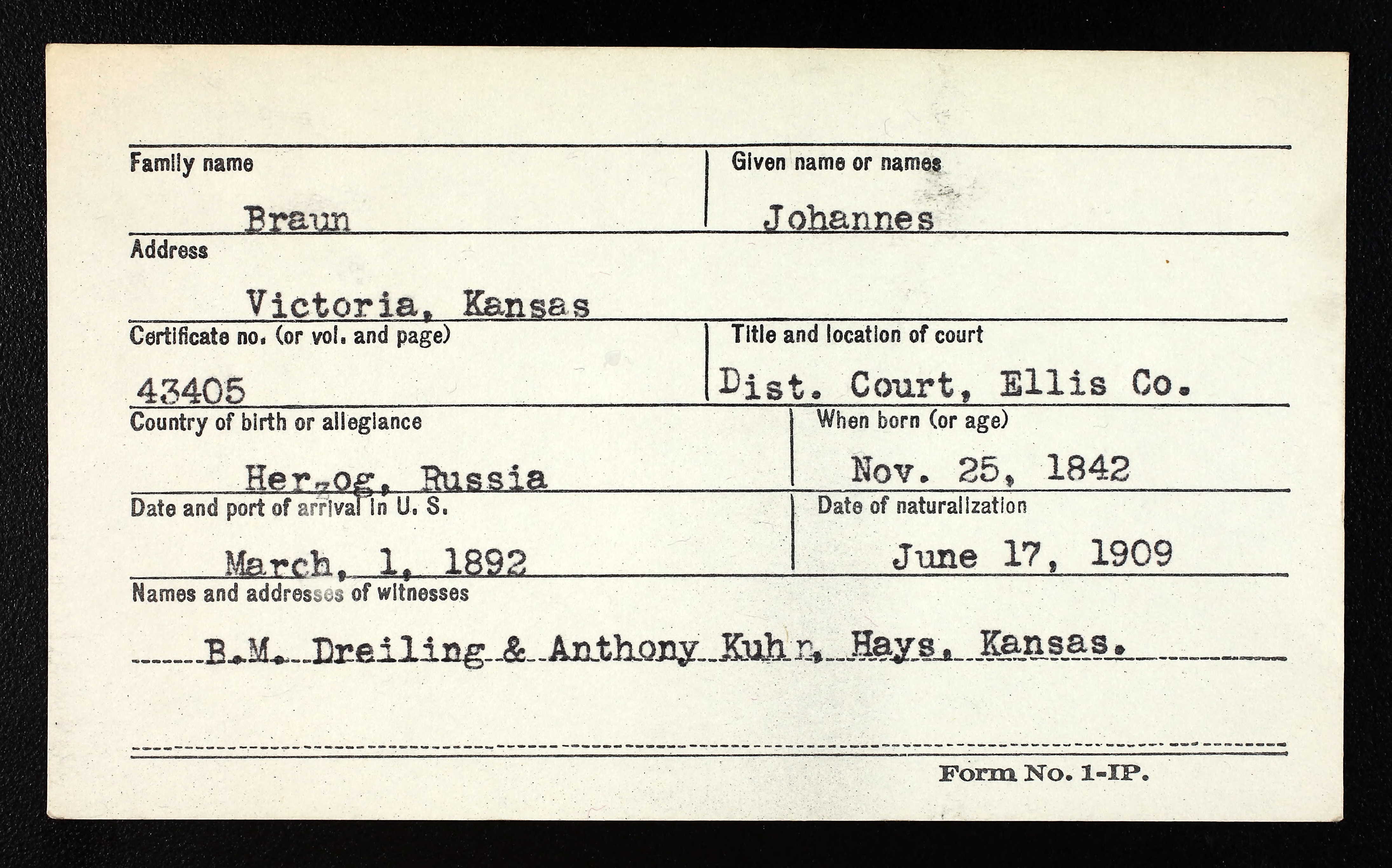Naturalization index card for Johannes Braun