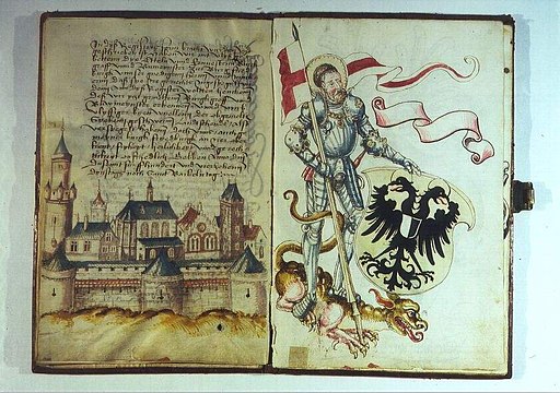 Illustrated manuscript with a view of Friedberg Castle in 1514 and St. George